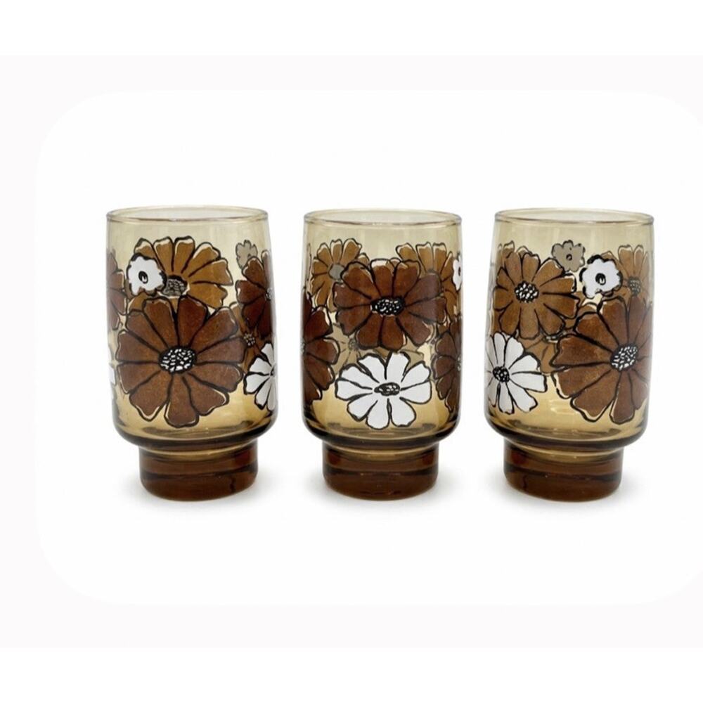 Camellia By Tawney Glasses Tumbler Libbey Brown Floral Retro, MCM (3), EUC - Picture 2 of 6